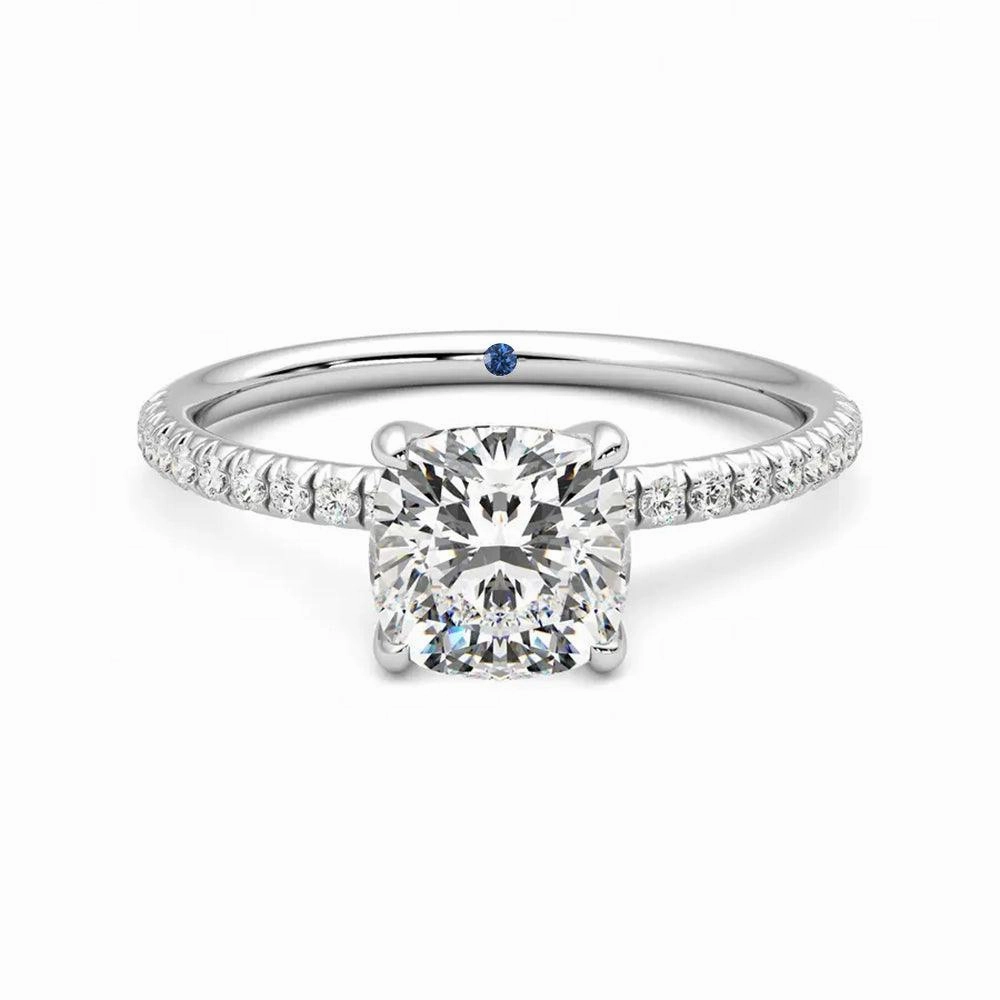 Excellent Embellishment Inspired Present Four Prong Cushion Cut Moissanite Engagement Ring with Hidden Anniversary Stone Accent
