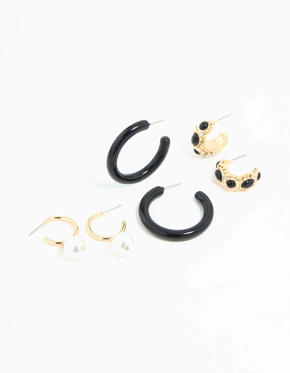 Gold & Dark Blue Pearl  Drop Hoop Earrings 3-Pack Lustrous Detail Everyday Mood