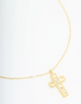 Gold Plated Diamante Ball Molten Cross Necklace Office Gift