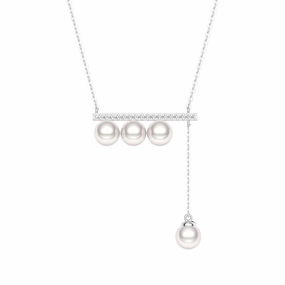 Glamorous Craft 6mm Freshwater Cultured Pearl Balance Beam Necklace with Moissanite Pav??