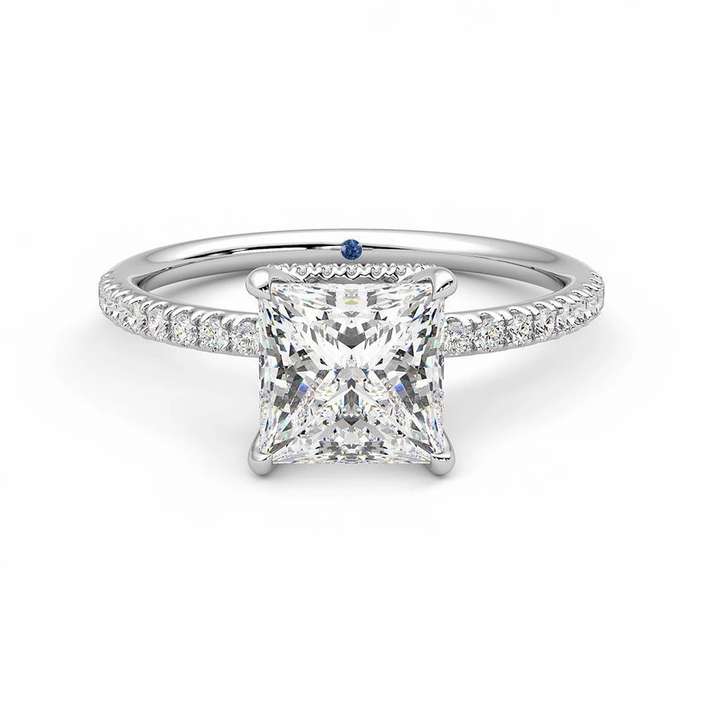 Economical Style Contemporary Sign Princess Cut Moissanite Engagement Ring with Hidden Halo and Anniversary Stone Accent