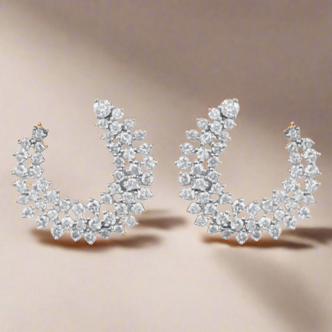 Sterling Silver 3 Row Sprinkled CZ C Shaped Side Hoop Earrings Safe Accent Fashionable Design