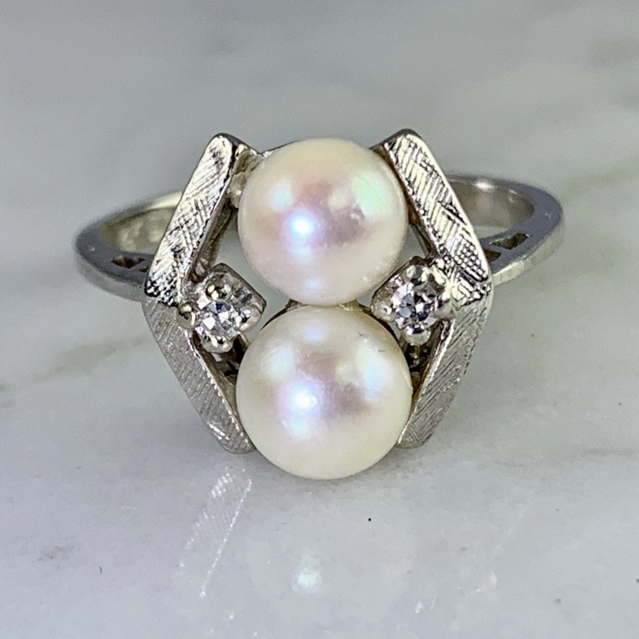 Vintage Akoya Pearl Ring with Diamonds Accents set in 14K White Gold. June's Birthstone. Bright Craft Fresh Statement