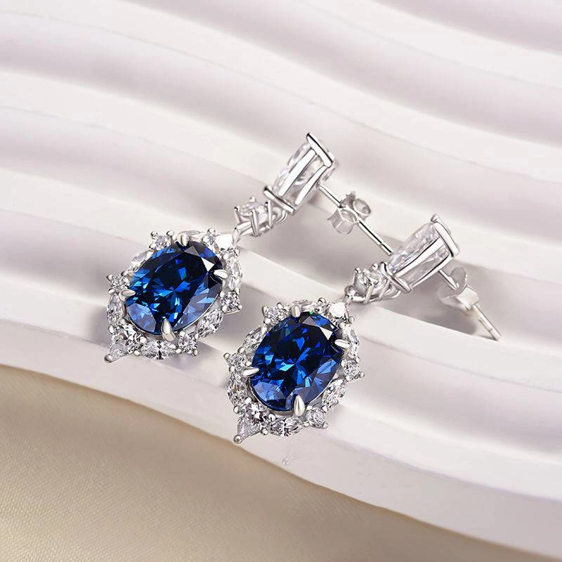 Unique Option Wedding Accent Vintage Halo Oval Cut Blue Sapphire Women's Earrings In Sterling Silver