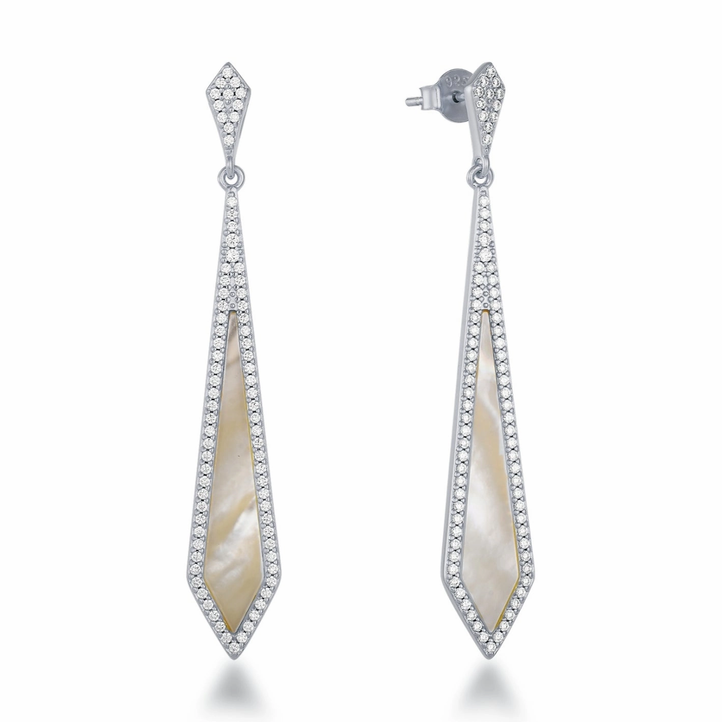 Petite Adornment Graceful Accessory Sterling Silver Dangling Kite Shaped Mother of Pearl with Micropave Border Earrings