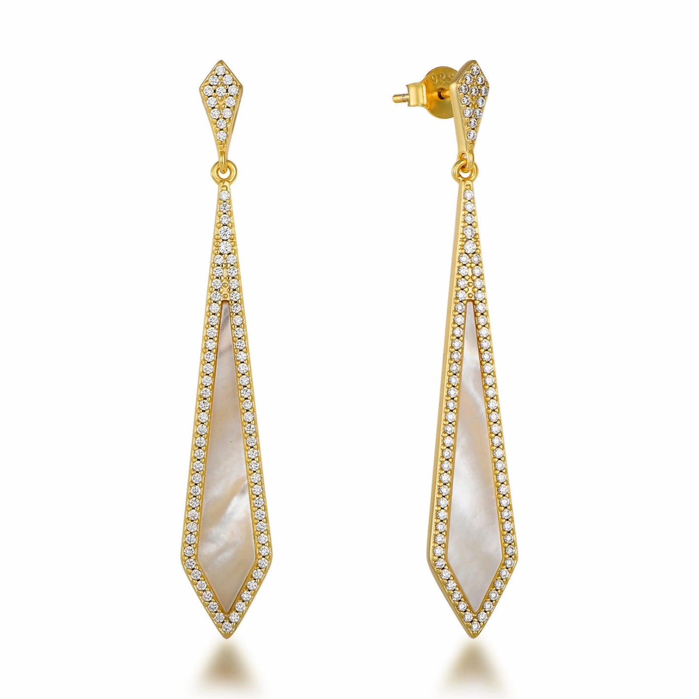 Minimalist Essential Unique Appearance Sterling Silver Dangling Kite Shaped Mother of Pearl with Micropave Border Earrings