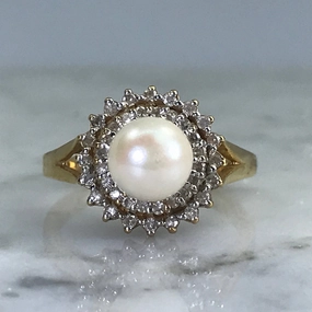 Vintage Pearl Engagement Ring. Diamond Halo. 10K Yellow Gold. June Birthstone. 4th Anniversary Gift. Dynamic Form Muted Finish