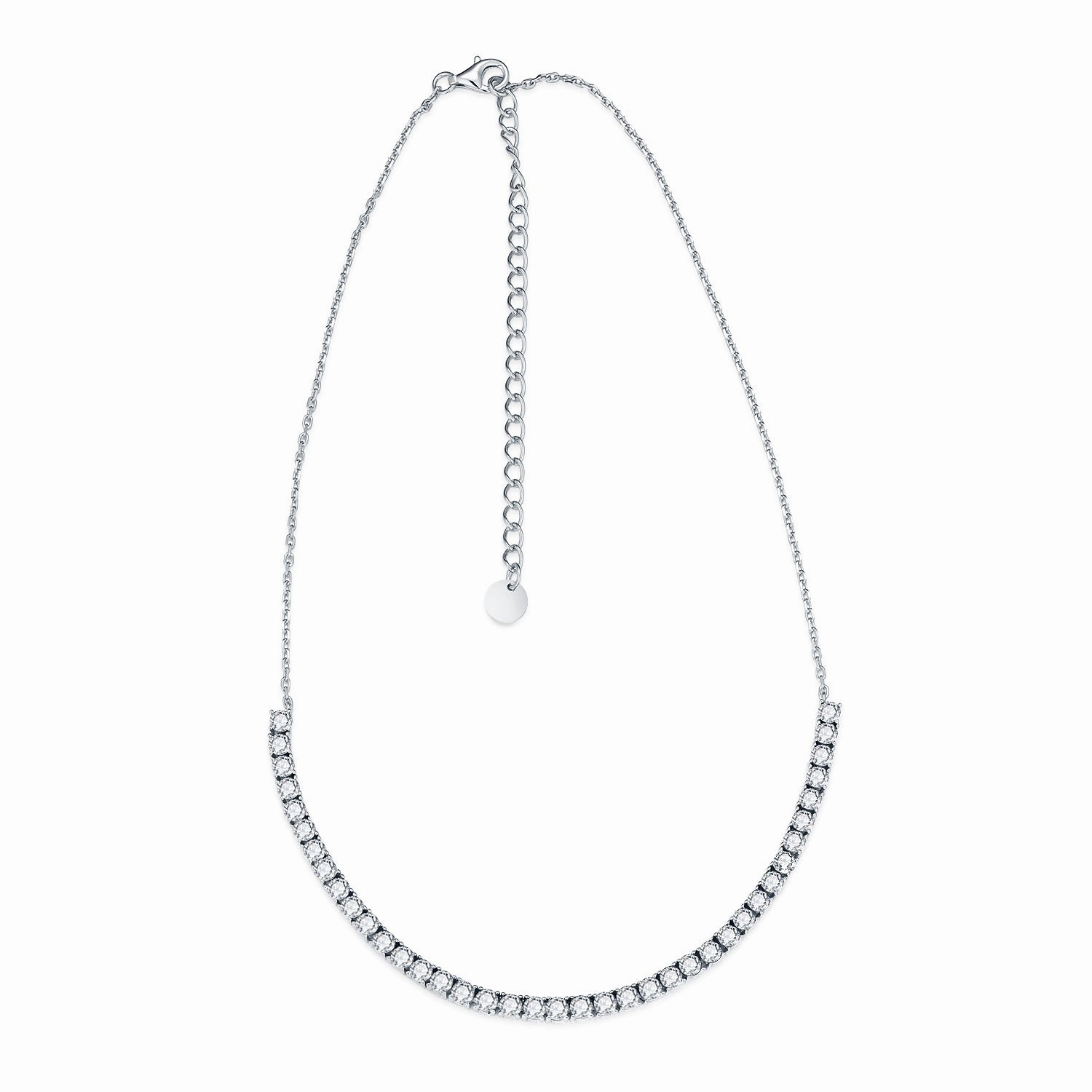 Rhodium Plated Sterling Silver Stone CZ Half Tennis Necklace Bold Style