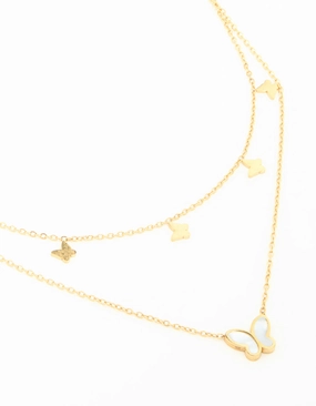 Waterproof Gold Plated Stainless Steel Butterfly Layered Necklace Active Accent Ideal Ornament