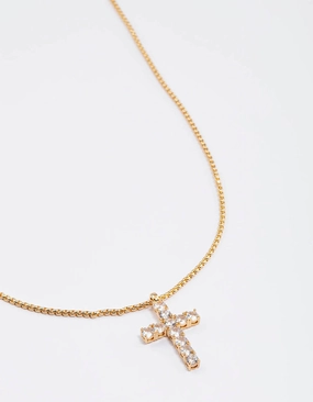 Waterproof Gold Plated Stainless Steel Cubic Zirconia Cross Necklace Elegant Item