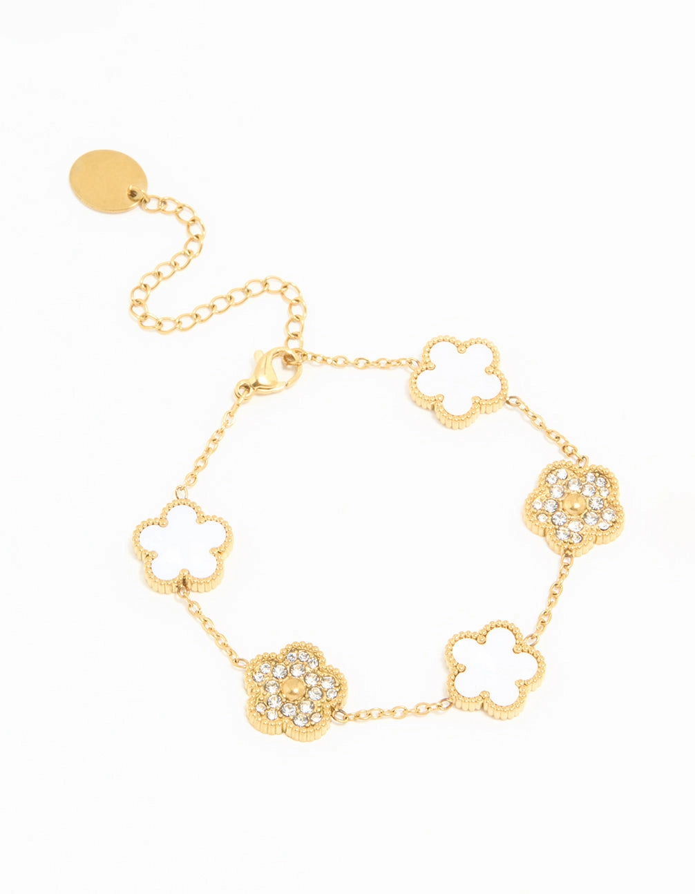 Ethereal Vibe Soft Appeal Waterproof Gold Plated Stainless Steel Diamante & Inlay Flower Charm Bracelet