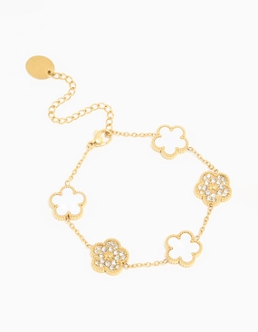 Ethereal Vibe Soft Appeal Waterproof Gold Plated Stainless Steel Diamante & Inlay Flower Charm Bracelet