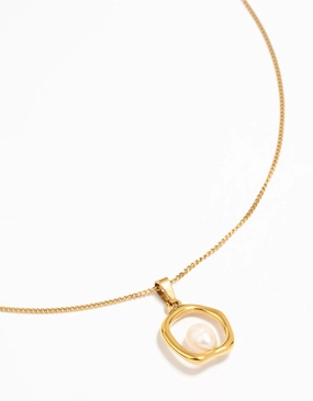 Waterproof Gold Plated Stainless Steel Freshwater Pearl Molten Hoop Pendant Necklace Fantastic Accessory