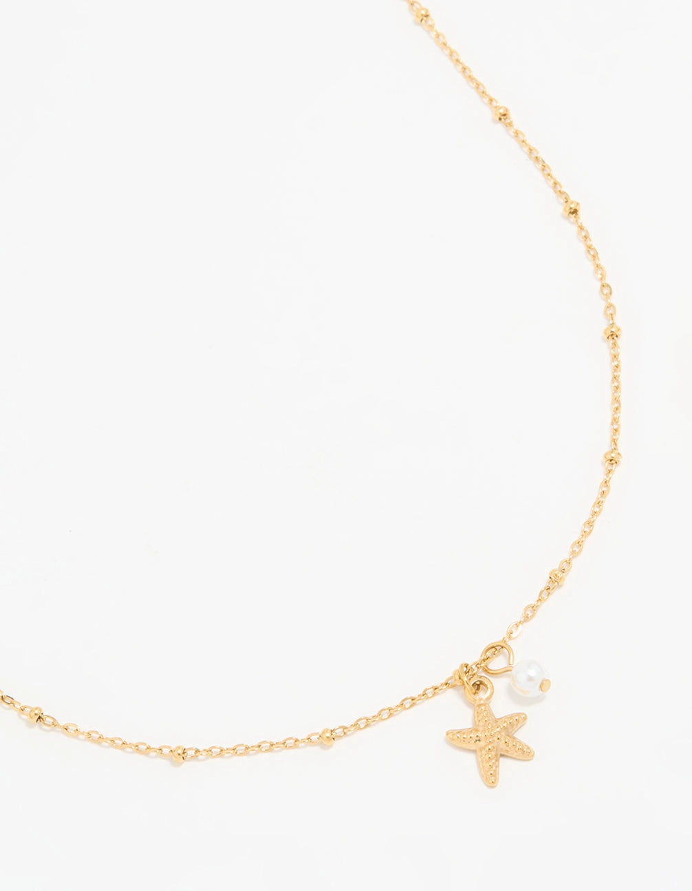 Timeless Trend Statement Feature Waterproof Gold Plated Stainless Steel Pearl & Starfish Dainty Necklace