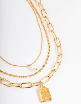 Affordable Piece For Religion Waterproof Gold Plated Stainless Steel Pearl Pendant Statement Layered Necklace