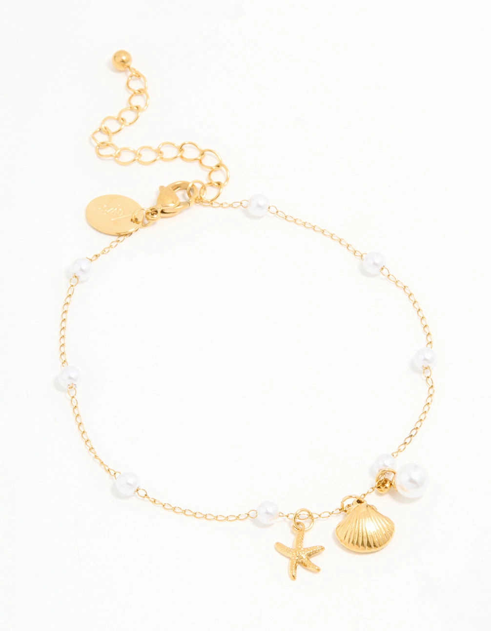 Waterproof Gold Plated Stainless Steel Pearl Star & Shell Charm Anklet Delicate Frame