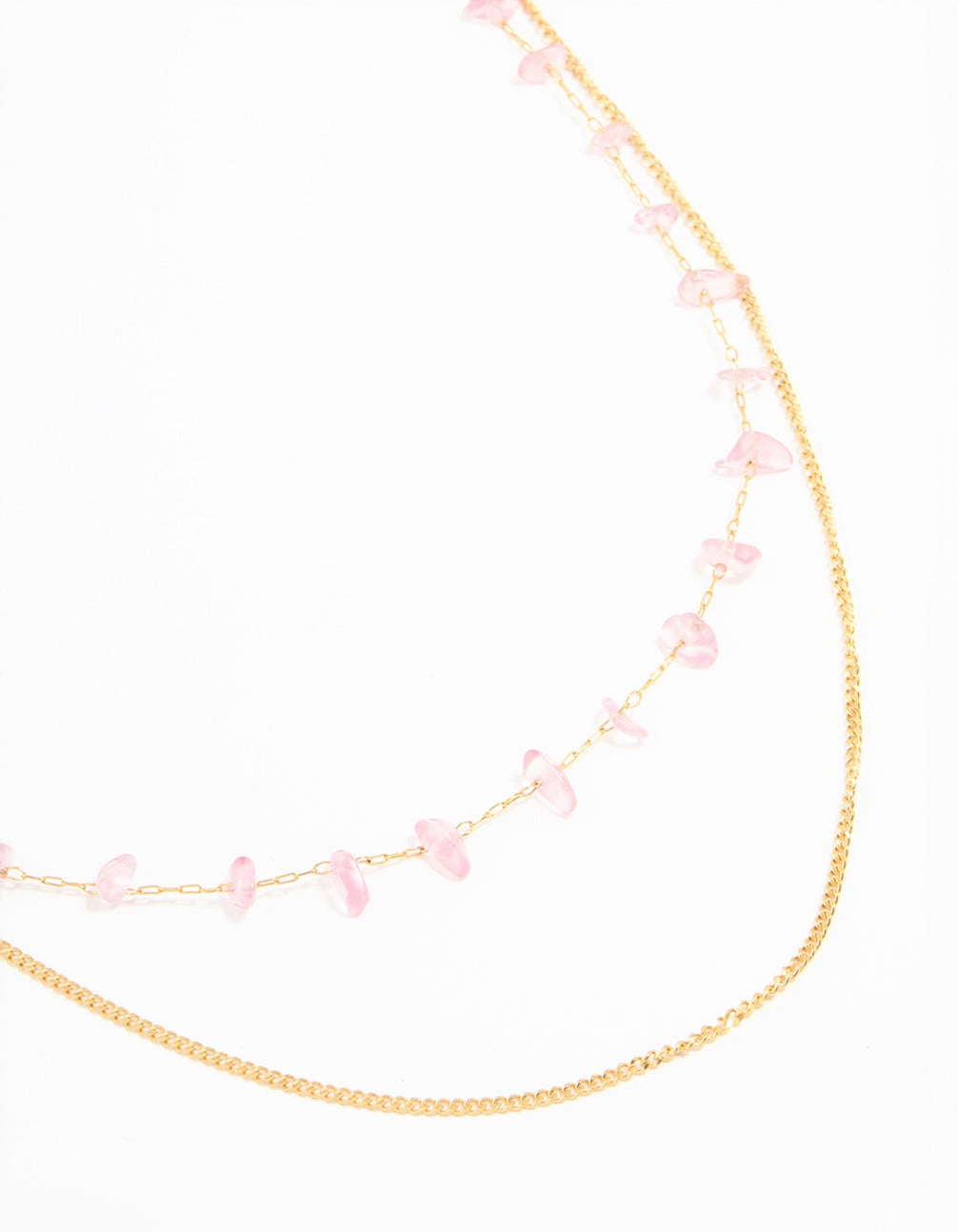 Simple Elegance Personal Accent Waterproof Gold Plated Stainless Steel Pink Semiprecious Stone & Chain Layered Necklace