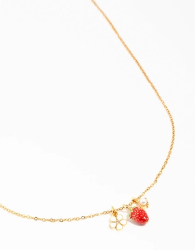 Dressy look Stylish Accent Waterproof Gold Plated Stainless Steel Strawberry & Flower Pendant Necklace