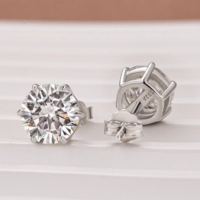 Moissanite Classic 2.0Ct Round Cut 6 Prong Stud Earrings In Sterling Silver Curved Accent Embellished Accessory