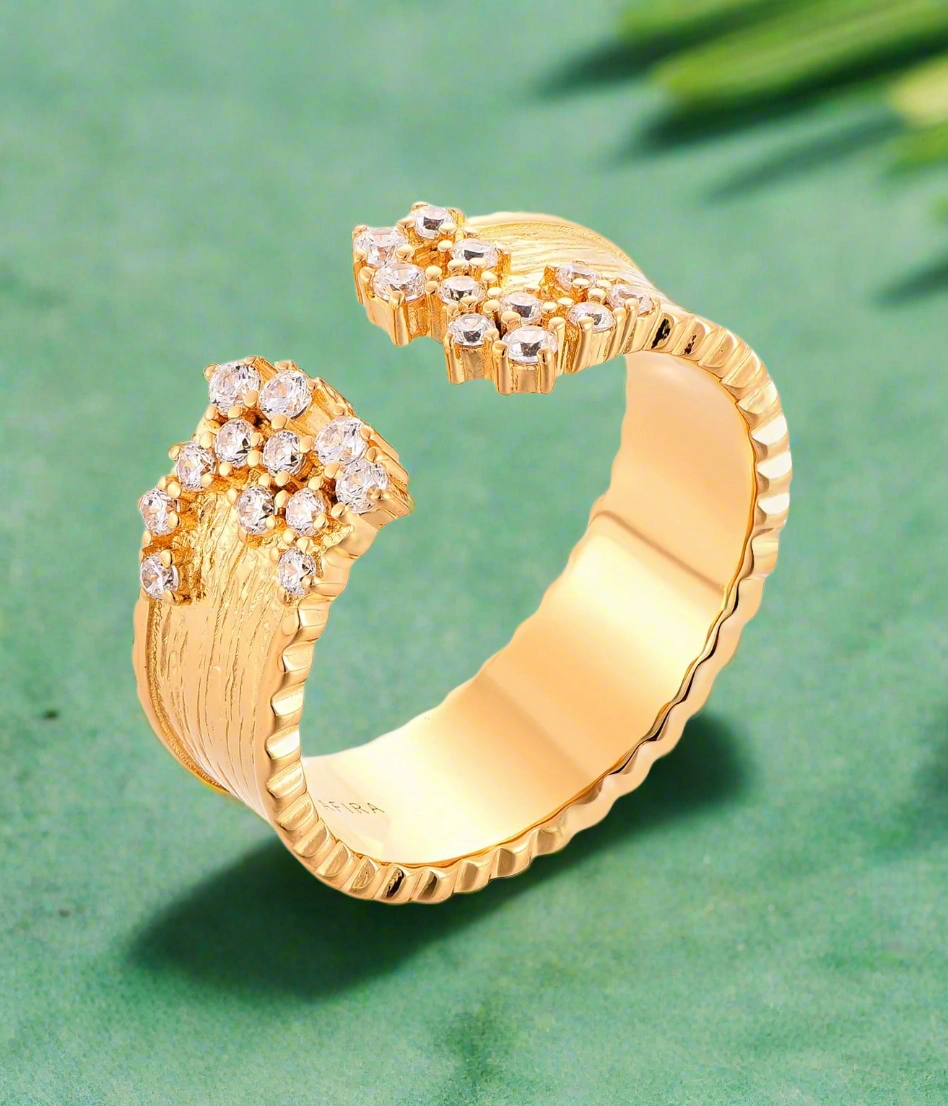 Critic Acclaimed Sterling Silver Brushed Gold Plated Open Cuff Sprinkled CZ Ring