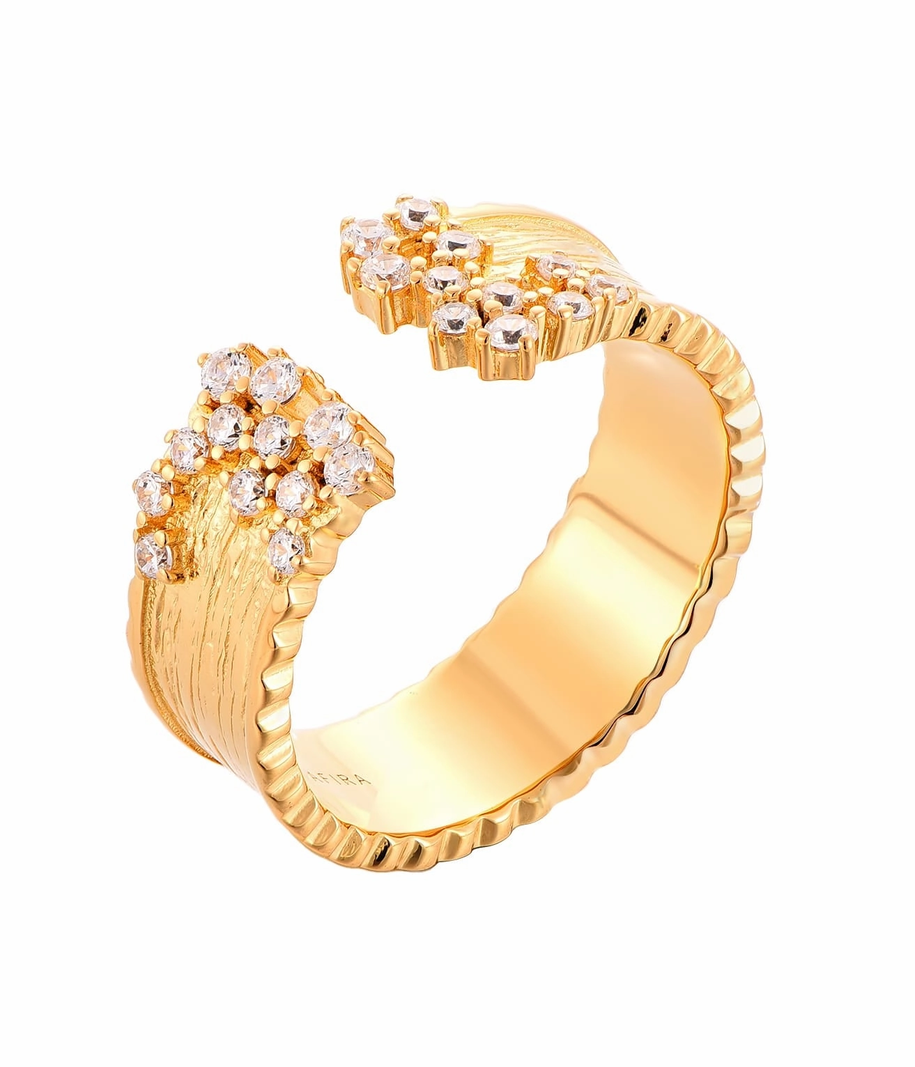 Luxury Article Sterling Silver Brushed Gold Plated Open Cuff Sprinkled CZ Ring