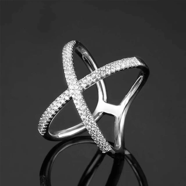 Fine Craftsmanship Sterling Silver Double Row CZ Crossover Elegant Ring