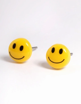Yellow Smiley Stud Earrings Premium Accent